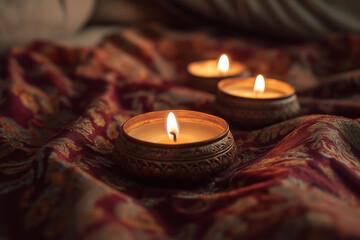 Close-Up of a Glowing Indian Oil Lamp Surrounded by Lit Candles on Richly Colored Fabrics, Creating a Serene and Tranquil Atmosphere for Prayer or Meditation, Evoking Spiritual Connection and Peace