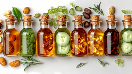 Five oil bottles infused with various nuts and herbs.