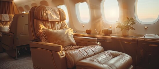 Luxurious first-class airplane seat with a view of the sunset.