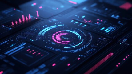 Obraz premium Futuristic digital interface with graphs and data visualizations in vibrant colors.
