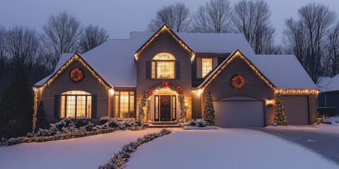 Beautiful house decorated with christmas lights covered in snow at night