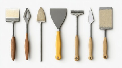 Set of plastering tools on white background with wooden handles and metal blades. Generative AI
