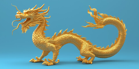 Fototapeta premium Golden chinese dragon standing on blue background