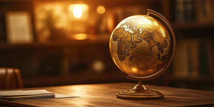 Antique globe sitting on desk in warmly lit study room
