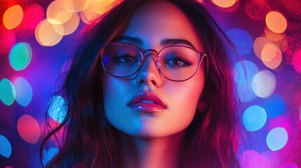 Obraz premium A close-up portrait of a woman with glasses, illuminated by colorful bokeh lights.