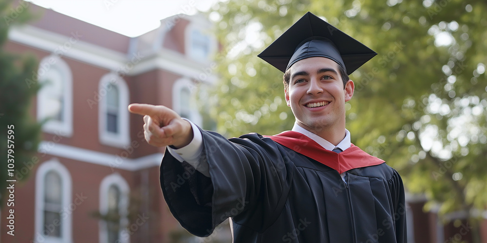 Poster happy graduate in cap and gown pointing at university building