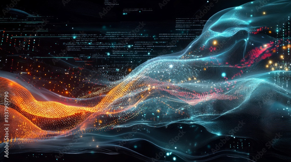 Poster a digital interface showing data streams, with a deep learning model optimizing in real-time.