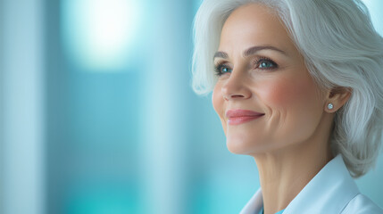 A confident woman with gray hair smiles softly, showcasing elegance and poise against a blurred background.