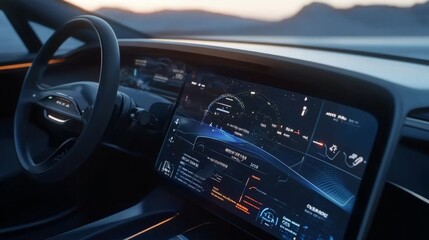 Fototapeta premium A futuristic car dashboard powered by AI, showing real-time data and machine learning predictions.