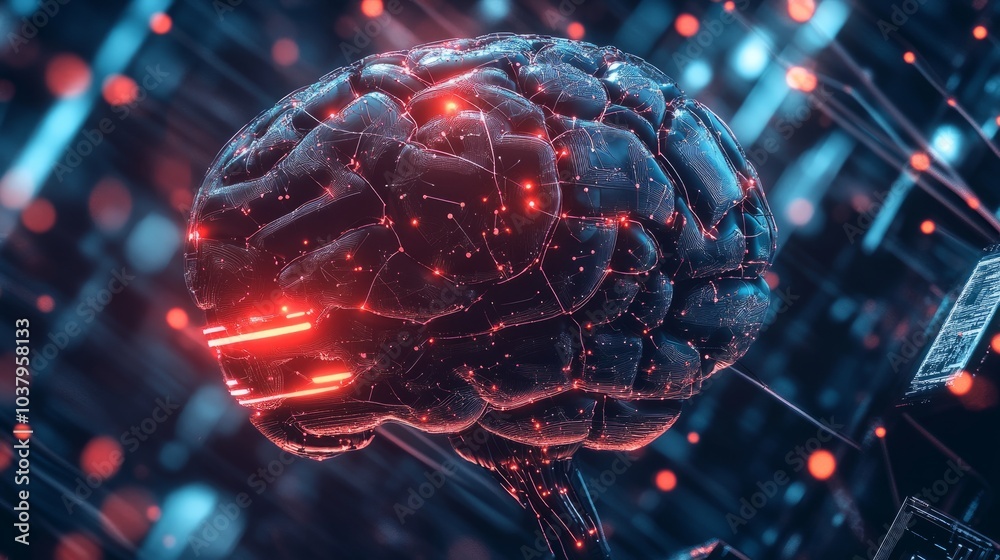 Poster a futuristic robotic brain visualizing interconnected nodes, symbolizing ai-powered deep learning ne