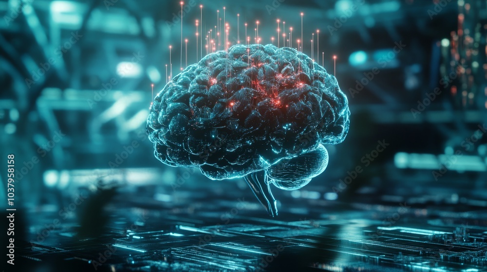 Poster a futuristic robotic brain visualizing interconnected nodes, symbolizing ai-powered deep learning ne