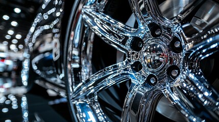 A detailed close-up of lustrous metallic wheels highlights their elaborate patterns and captivating reflections, ideal for car aficionados.
