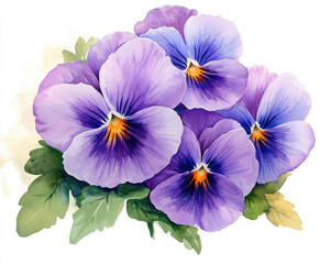 Obraz premium Vibrant watercolor painting of purple pansy flowers with lush green leaves, perfect for floral designs and nature themes.