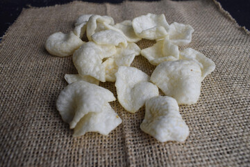 cracker snacks on a burlap sack background