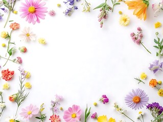 Naklejka premium Frame made of colorful flowers on white background. Flat lay, top view