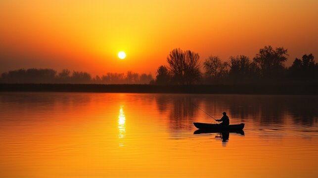 A solitary angler drifts on a calm lake, bathed in the warm glow of a tranquil sunset.