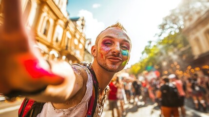 Obraz premium A man covered in glitter and vibrant face paint joyfully participates in a pride expressing freedom, individuality, and LGBTQ pride under the sunny streets.
