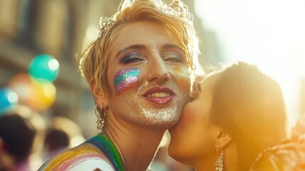 A participant with glittery makeup and rainbow face paint receives a kiss on the cheek during a pride celebration, capturing a moment of love, unity, and LGBTQ pride.