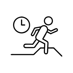 Running icon with a clock symbol representing urgency and activity, black outline, modern design    