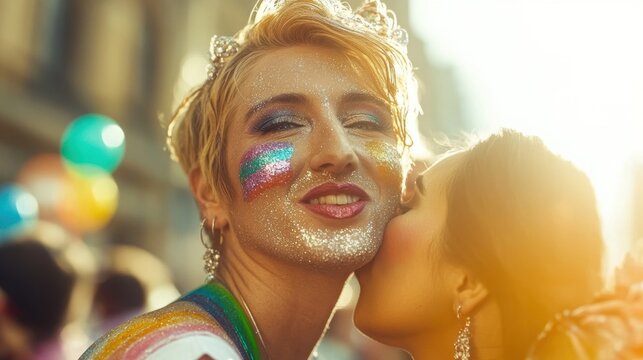 A participant with glittery makeup and rainbow face paint receives a kiss on the cheek during a pride celebration, capturing a moment of love, unity, and LGBTQ pride.