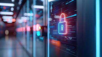 Fototapeta premium Corporate espionage, neon red and blue background, modern office environment.