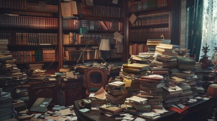Fototapeta premium Old fashioned messy office desk covered in paperwork suggesting bankruptcy