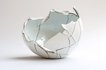 A delicate shard of a shattered vessel lies against a pristine backdrop, revealing ornate designs and jagged contours that capture both elegance and vulnerability.