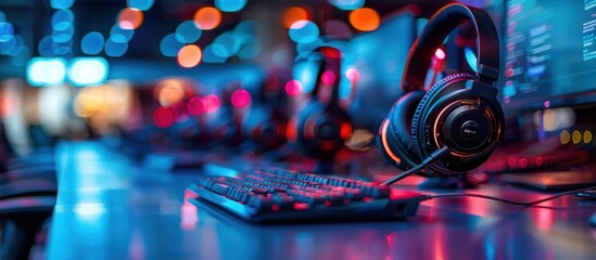 A close-up of a gaming headset and keyboard in a dimly lit room with colorful lights in the background.