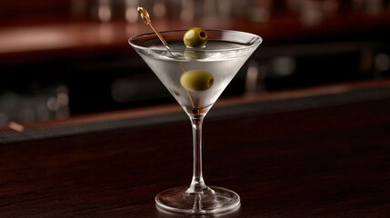 A classic martini cocktail with two green olives on a toothpick, served in a chilled martini glass on a wooden bar.