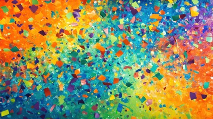 A colorful explosion of confetti filling the frame with bright hues of orange, lime green, and electric blue. The background is softly focused
