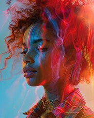 Obraz premium 1980s fashion color magazine shot. Photo of a friends having fun, hologram, motion blur, studio lighting.