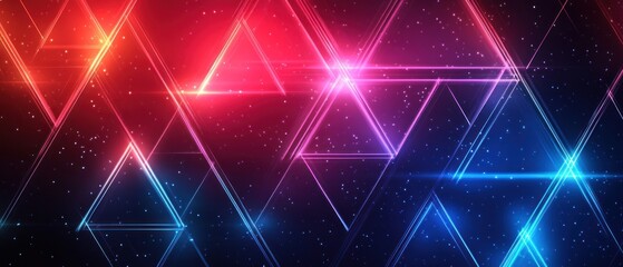Fototapeta premium A vibrant geometric pattern featuring glowing triangles in red, pink, and blue hues.