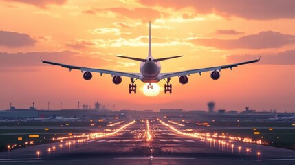 Airplane landing at sunset on a runway, showcasing travel and aviation.