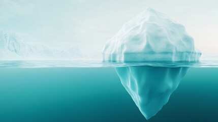 Fototapeta premium A large iceberg floats serenely in turquoise waters, showcasing its massive submerged portion beneath the surface in a calm, icy seascape.