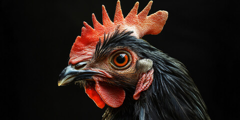 A close-up photograph of a black rooster's head,