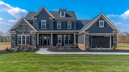 A modern house with a stone facade, manicured lawn, and clear blue sky, showcasing architectural design.