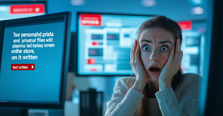 woman in office is shocked by the message "Your personal data and private files will be plasma led display screen with cyber attack online store, on it text written "Make limestone". The company has m