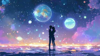 Naklejka premium A romantic couple silhouetted against a cosmic backdrop.