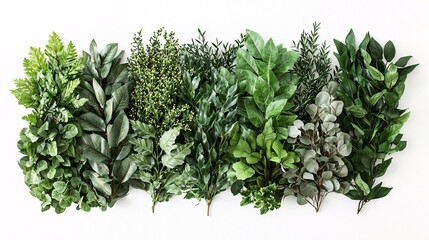 Obraz premium An artistic arrangement of lush green leaves on a white backdrop highlights the diverse textures and forms found in nature's artistry.