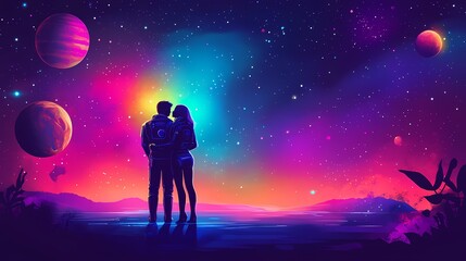 Obraz premium A couple gazes at the cosmic beauty in a vibrant, otherworldly scene.