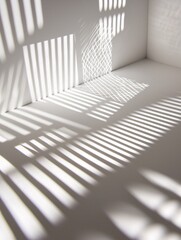 Obraz premium Geometric illumination creates captivating shadows on a pristine backdrop, forming a dynamic fusion of shapes and textures for innovative design ideas.