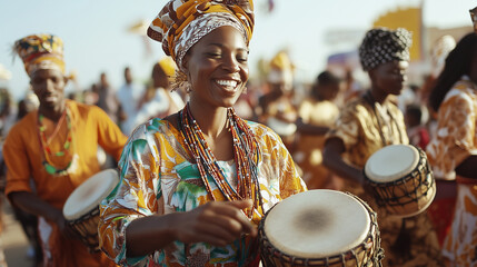 The festive atmosphere at the Dakar Carnival, the streets are filled with dancers in traditional costumes and drummers, local markets are filled with traditional Senegalese crafts and food