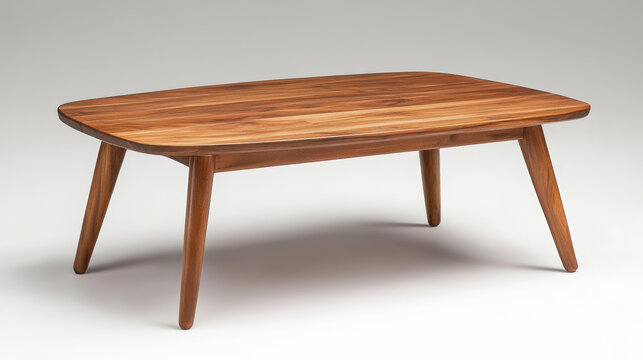 A wooden mid-century modern coffee table with a smooth finish and angled legs, showcasing minimalist design and natural wood texture.