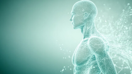 A digital representation of a human figure, composed of interconnected lines and particles, symbolizes technology's integration with biology against a gradient background.