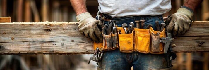 A close-up of a repairman hand resting on a wooden beam, his tools hanging from his belt, with the unfinished construction site behind him offering clear copy space