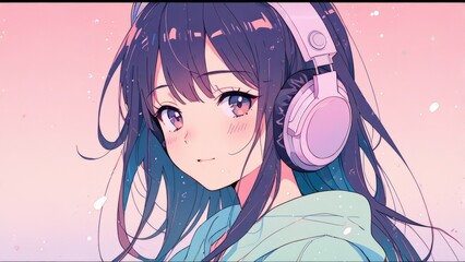 Anime Girl with Headphones, Immersed in Lofi Hip Hop Tunes