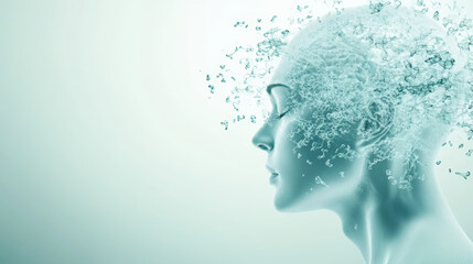 A side profile of a human head dissolving into particles, symbolizing thoughts, creativity, and the merging of technology with human consciousness in a digital realm.