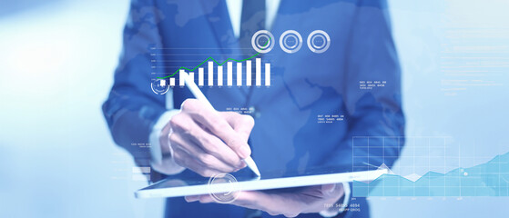Investor analyzing financial investment data, business research revenue income profit ROI ROE...
