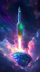 A futuristic rocket launching from a vibrant Earth into the cosmic landscape.