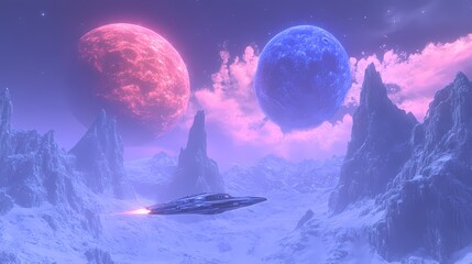 Fototapeta premium Futuristic spacecraft flying above alien mountains with vibrant planets in the background.